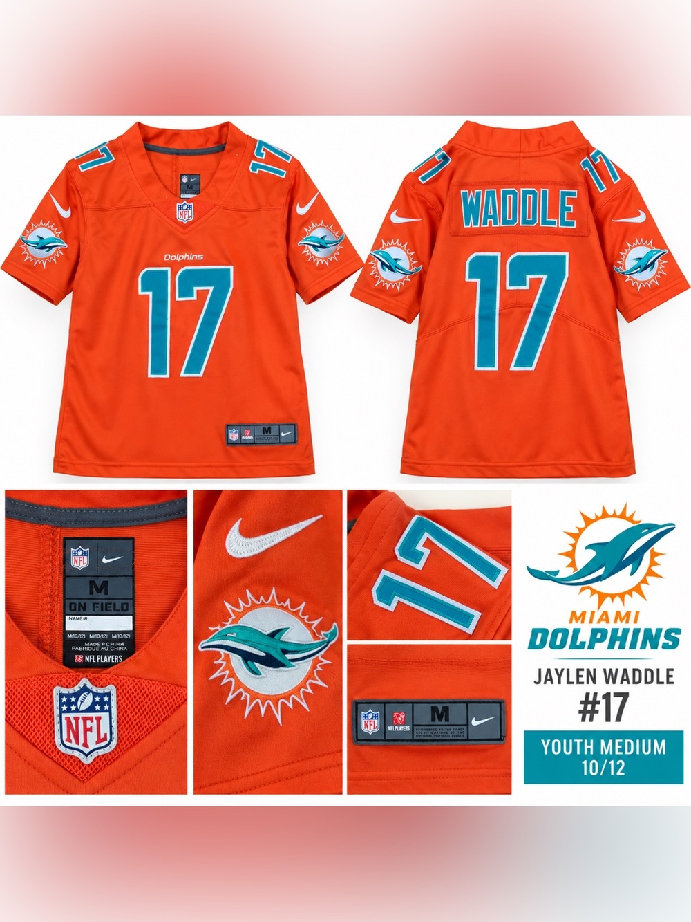 Nike Miami Dolphins Jaylen Waddle #17 Orange On Field Jersey Youth Medium
